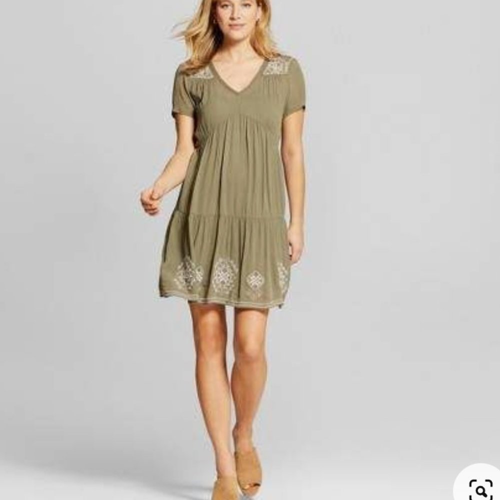 Knox Rose women's S olive embroidered shift dress boho chic style EUC